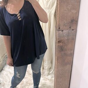 Always Indigo Navy Blue Women's Top with Gold Accents size 3X